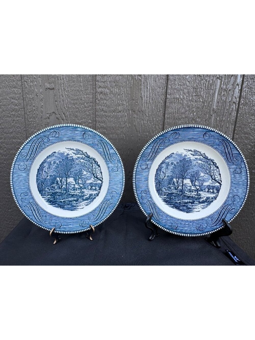 Currier & Ives Blue & White Dinner Plates Set Of 2 The Old Grist Mill 10" USA